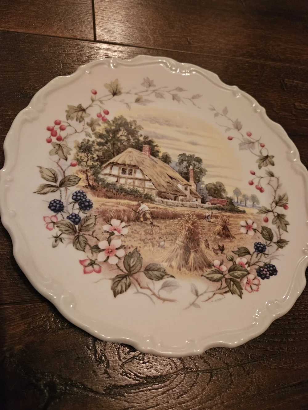 Royal Albert White Plate with Pastel Floral and Harvest Cottage Scene
